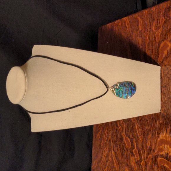 Hand Crafted Jewelry - Handmade Teardrop Silver Wire Wrapped Abalone Pendant Black Suede Cord